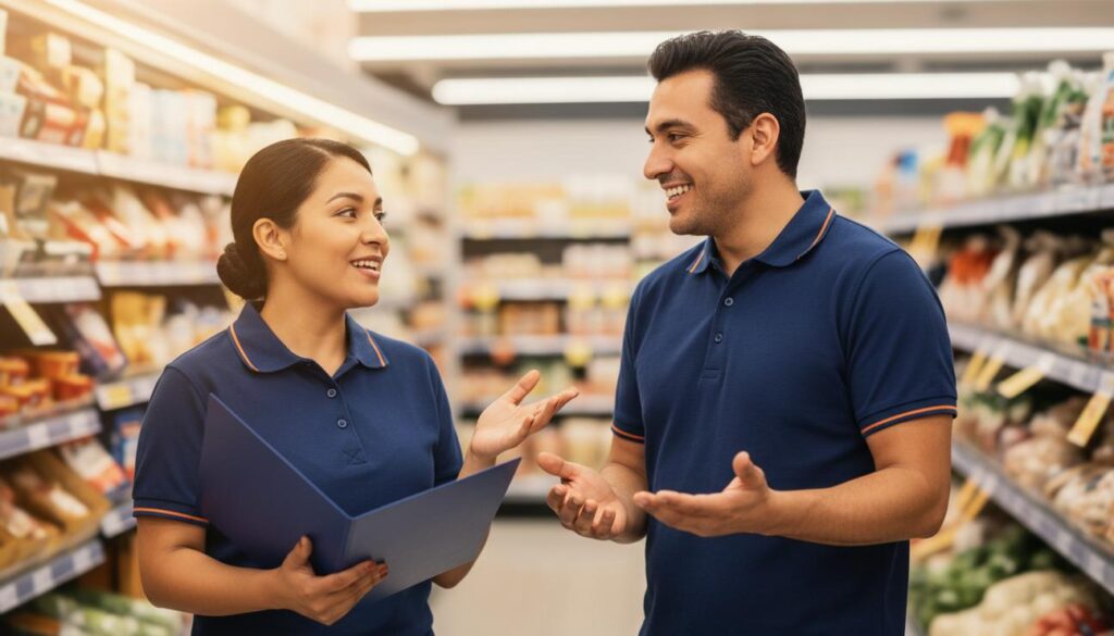 Empleado mexicano sonriente en el interior de una tienda ALDI sosteniendo una carpeta y hablando con un colega, mostrando oportunidades de crecimiento profesional