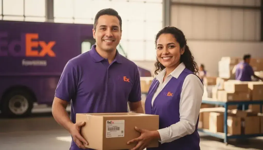 Empleado de FedEx con uniforme sosteniendo un paquete frente a un camión de la empresa en un centro de distribución