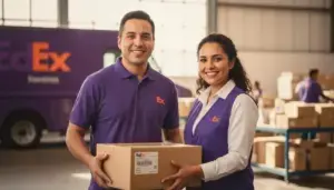 Empleado de FedEx con uniforme sosteniendo un paquete frente a un camión de la empresa en un centro de distribución