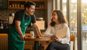 Persona mexicana solicitando empleo en una tienda Starbucks hablando con un barista con delantal verde y una taza con el emblema