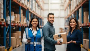 Tres personas mexicanas en una bodega de Amazon con chaleco con logo, sonriendo y listas para trabajar en equipo