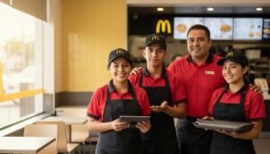 Personas mexicanas en uniforme de McDonald’s sonriendo dentro del restaurante mostrando oportunidades de trabajo y crecimiento