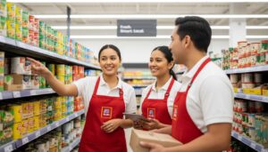 Empleados mexicanos de ALDI en la tienda, uniformes con logo, sonrientes y trabajando juntos que muestran oportunidades de crecimiento