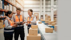 Personas mexicanas en un centro de distribución con cajas y un supervisor mostrando cómo postular a un empleo