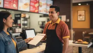 Persona joven solicitando trabajo en el mostrador de un Burger King con empleados sonrientes y ambiente acogedor