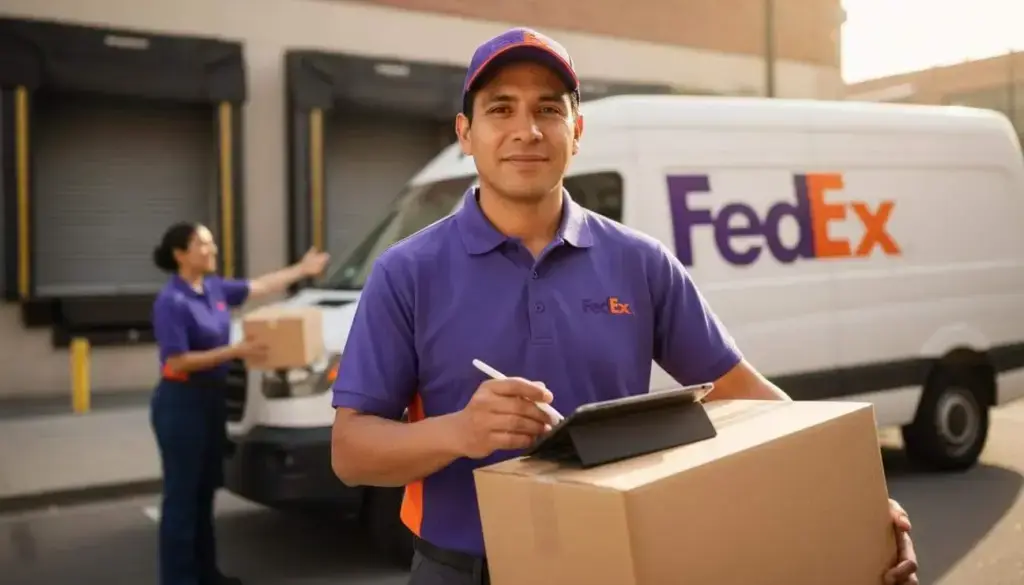 Empleado de FedEx con uniforme junto a una camioneta y un paquete, representando vacantes y oportunidades de trabajo