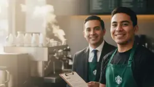 Barista mexicana sonriente con delantal verde de Starbucks hablando con un reclutador en una cafetería, mostrando una oportunidad de empleo y beneficios